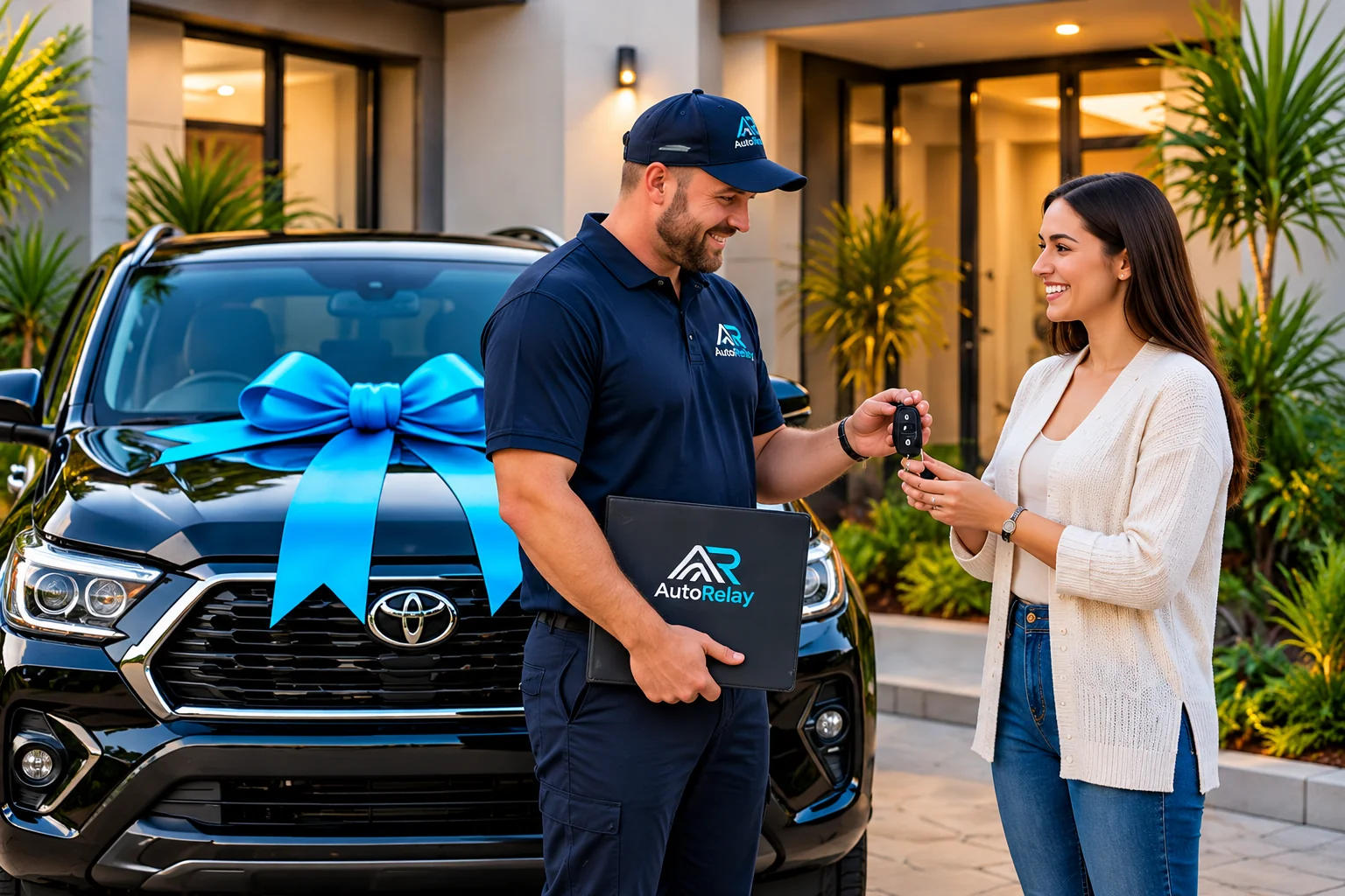 New car delivery with ribbon reveal for a delighted customer